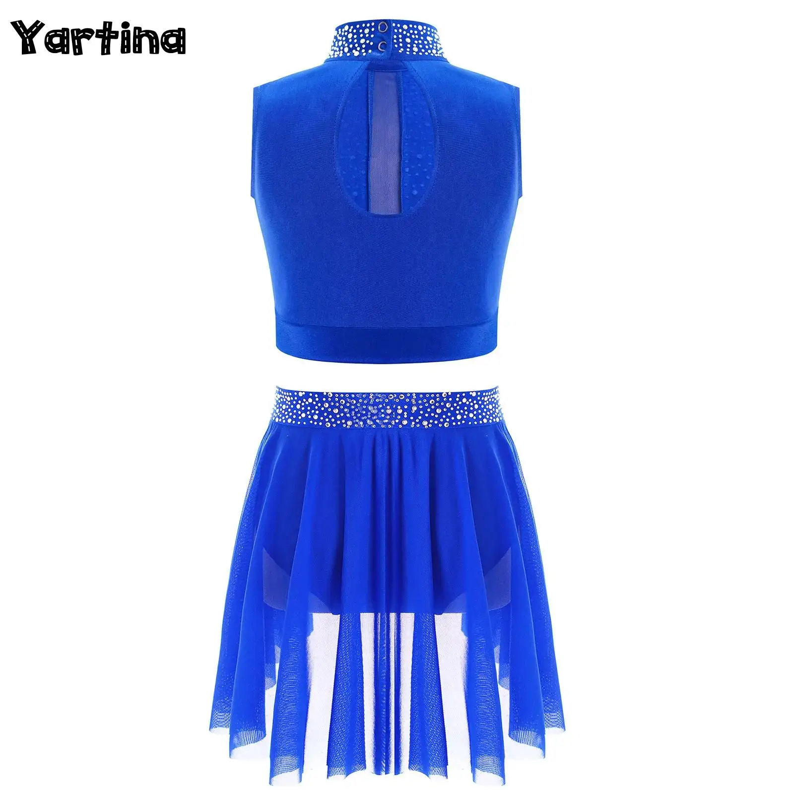 Kids Girls Ballet Lyrical Contemporary Dance Outfit Sparkly Rhinestones Gymnastics Figure Skating Dance Costume Vest with Skirt