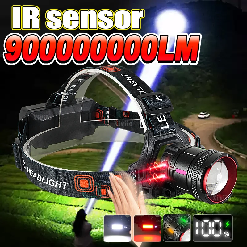 90000000LUX High Power Rechargeable Headlamp Powerful Sensor Head Flashlights 900W LED Headlights Lighting 4000M Outdoor Fishing