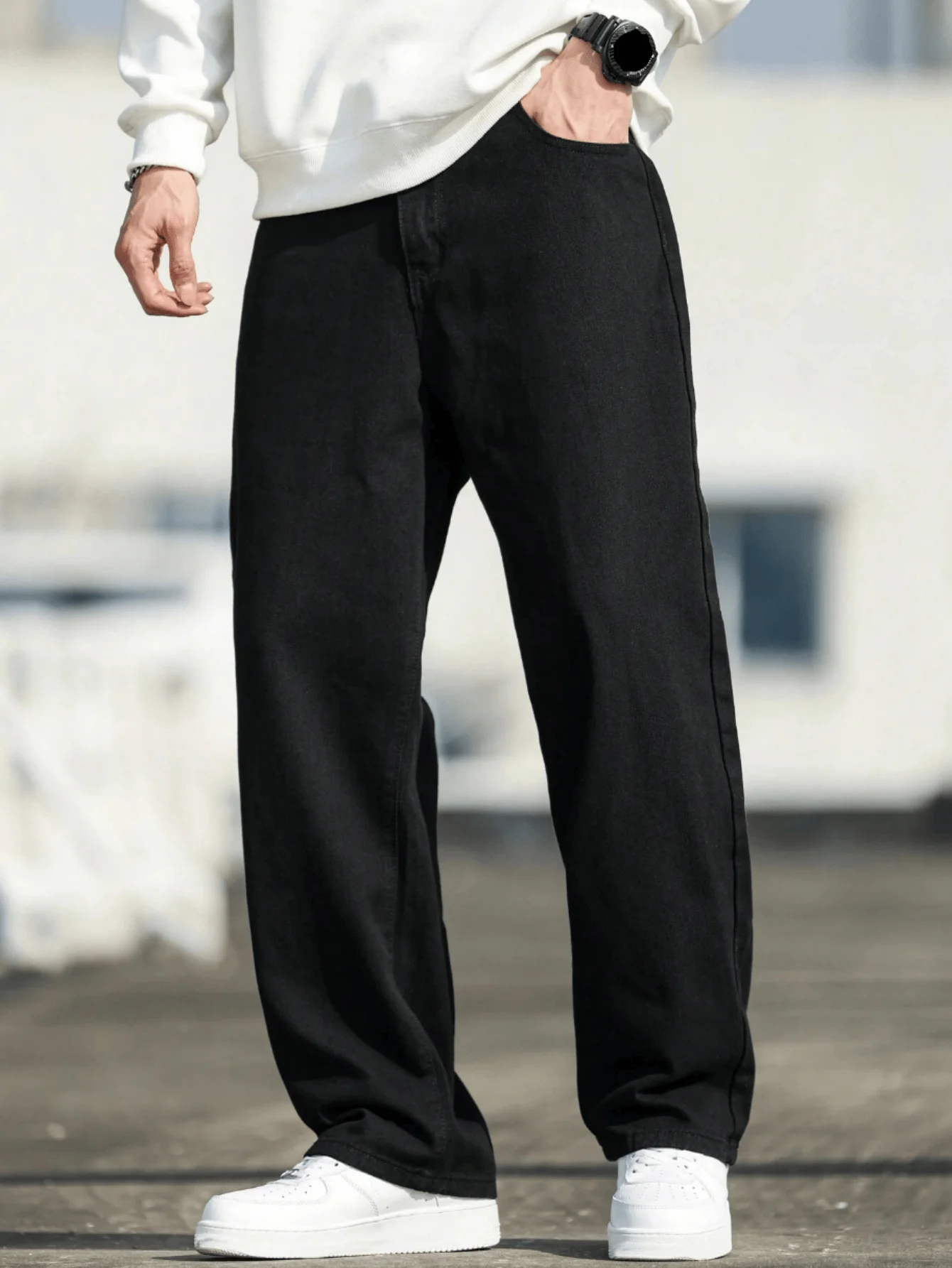 

​ Мужские прямые джинсы уличной одежды из необработанного денима с пятью карманами и эластичной устойчивостью средней посадки ​