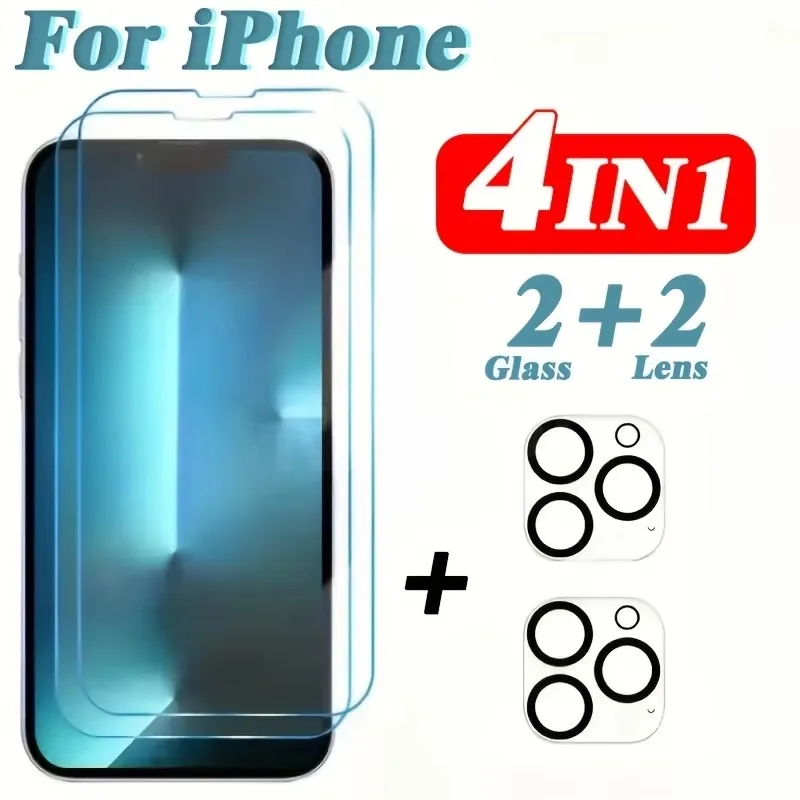 

4-IN-1 HD Tempered Glass For iPhone 16 14 15 Pro Max 16e Camera Lens Film ForiPhone 13 12 11 Pro 16 15 14 Plus Anti-Scratch