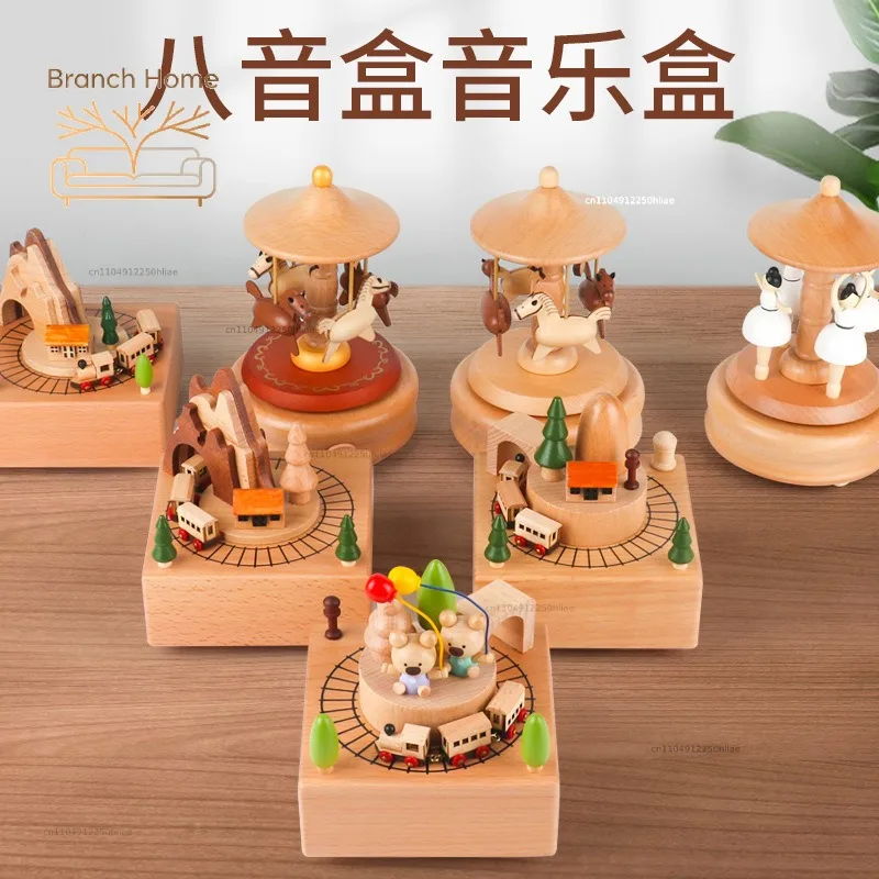 Solid Wood Vintage Rotating Music Box Creative Music Box Graduation Valentine's Day Gift for Girls Boys Home Desktop Ornament