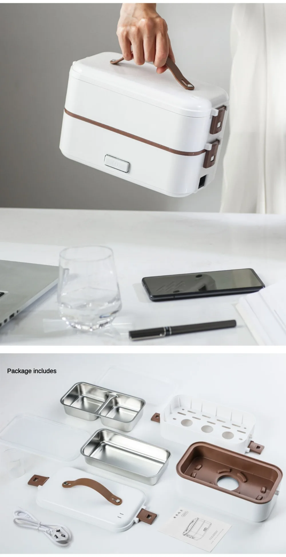 เครื่องทำอาหารกล่องข้าวกลางวันไฟฟ้า300W กล่องข้าวกลางวันไฟฟ้าสำหรับผู้ใหญ่ฝาปิดผนึกสองชั้น wadah Baja Tahan karat สามชั้น