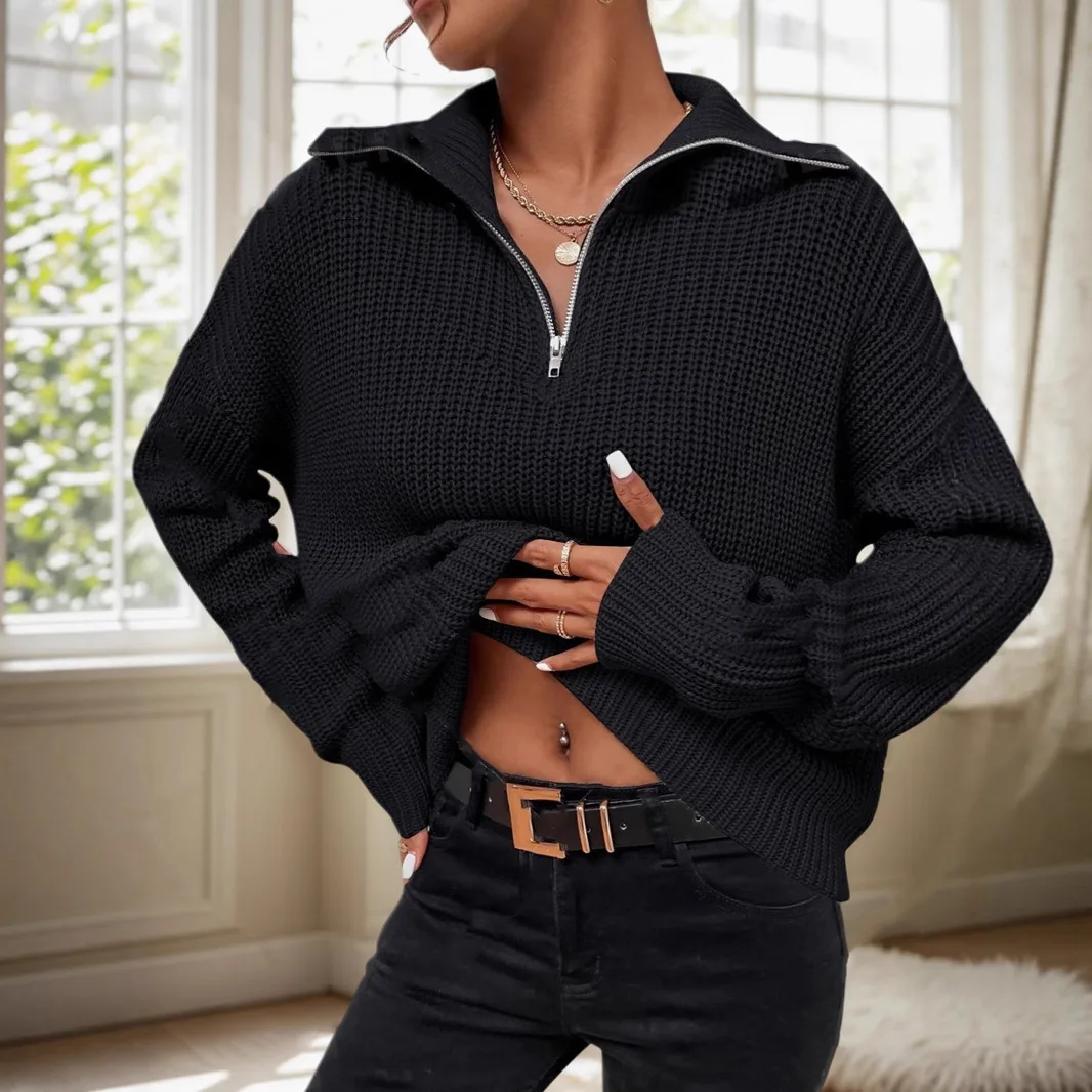 

Women Pullover Jumpers Knitted Sweaters Zipper Turn Down Collar Long Sleeve Slim Y2k Office Lady Casual Autumn Winter 2025