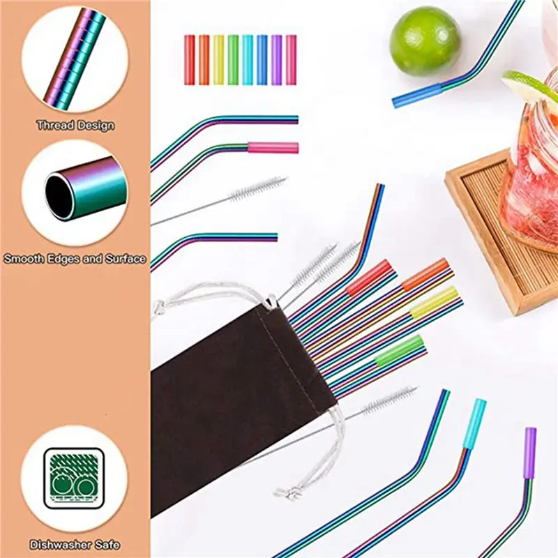 BHBD-32 Pack Rainbow Color Reusable Metal Straws With Silicone Tip Colored Long Stainless Steel Straws Drinking Straw