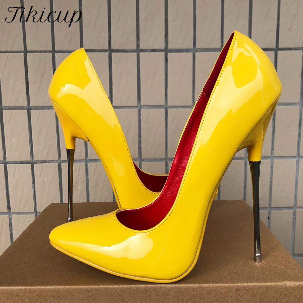 Tikicup 16cm Metal Super High Heels Women Sexy Pointy Toe Stiletto Pumps Man Yellow Patent Slip On Night Club Performance Shoes