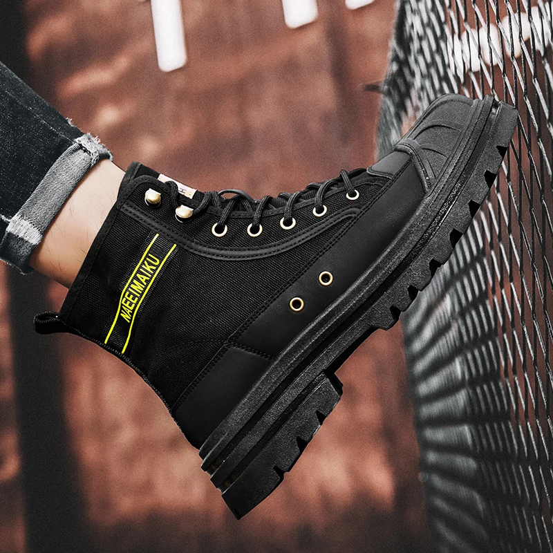 Men\'s boots four seasons high-top casual boots canvas boots soft-soled non-slip thick-soled outdoor boots fashion tooling boots
