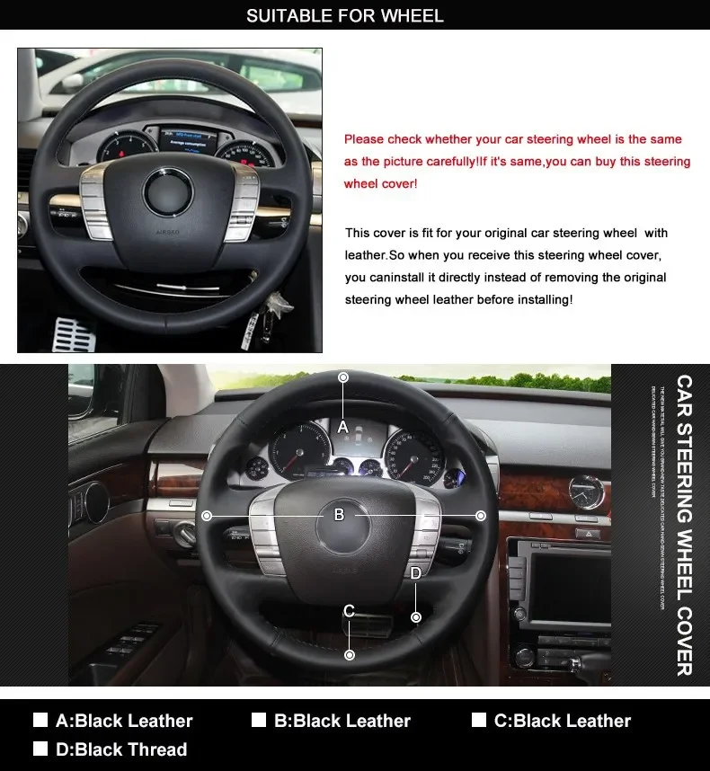 Hand-Stitch Non-slip Black Genuine Leather Car Steering Wheel Cover Wrap for Volkswagen VW Phaeton Interior Accessories