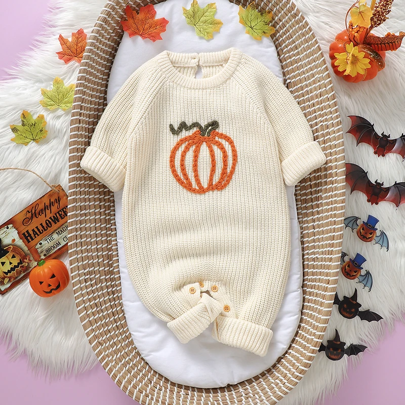 Baby Strampler Lange Ärmel Winter Halloween Kürbis Muster Gestrickte Neugeborene Jungen Mädchen Overalls Outfits 0-18m Kostüme
