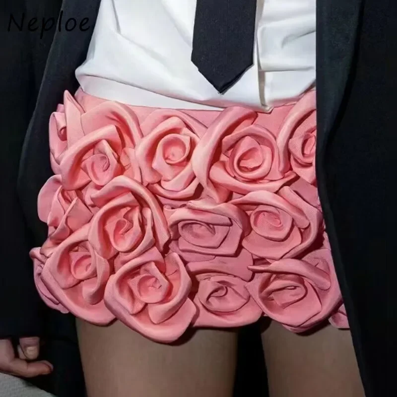 Neploe 2024 Spring New A-line Skirt for Women Fashion Vintage 3D Rose Shorts Skirts  Y2k High Waist Black Faldas Mujer Moda