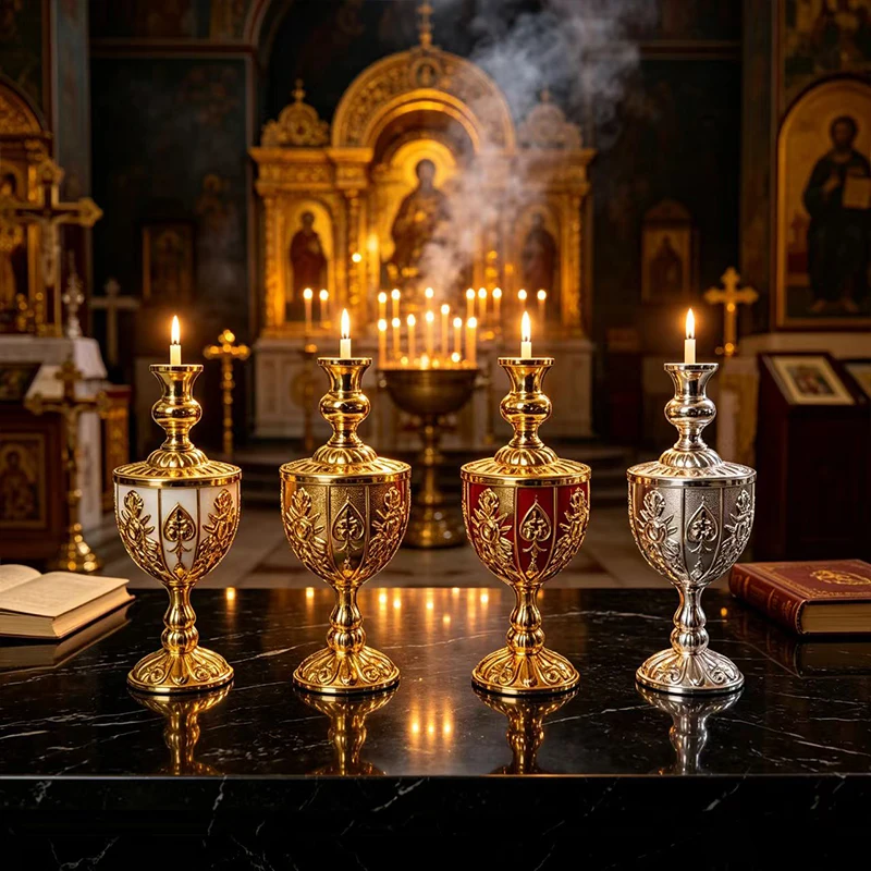 Byzantine Gold Metal Vigil Lamp Red Glass Lampada Standing Candle Holder for Home Altar Christian Orthodox Church Decor Gift