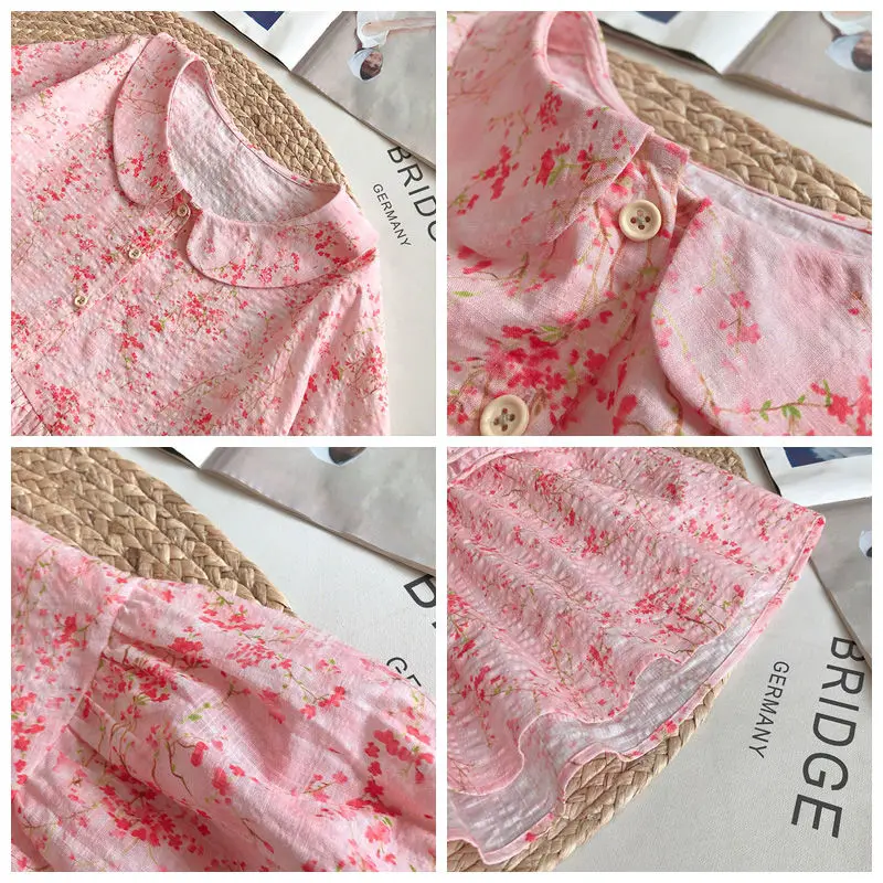 2024 New Peter Pan Collar Blouse Summer Korean Loose Sweet Fragmented Flower Button Spliced Ruched Lantern Sleeve Pullover Shirt