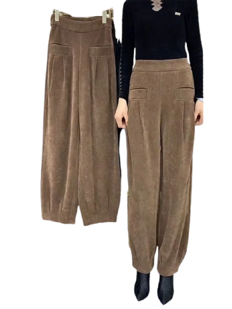 Pantalones informales sueltos de cintura alta para mujer Otoño Invierno nueva ropa de abrigo de Color Sle pantalones farol de chenilla Premium Faionable