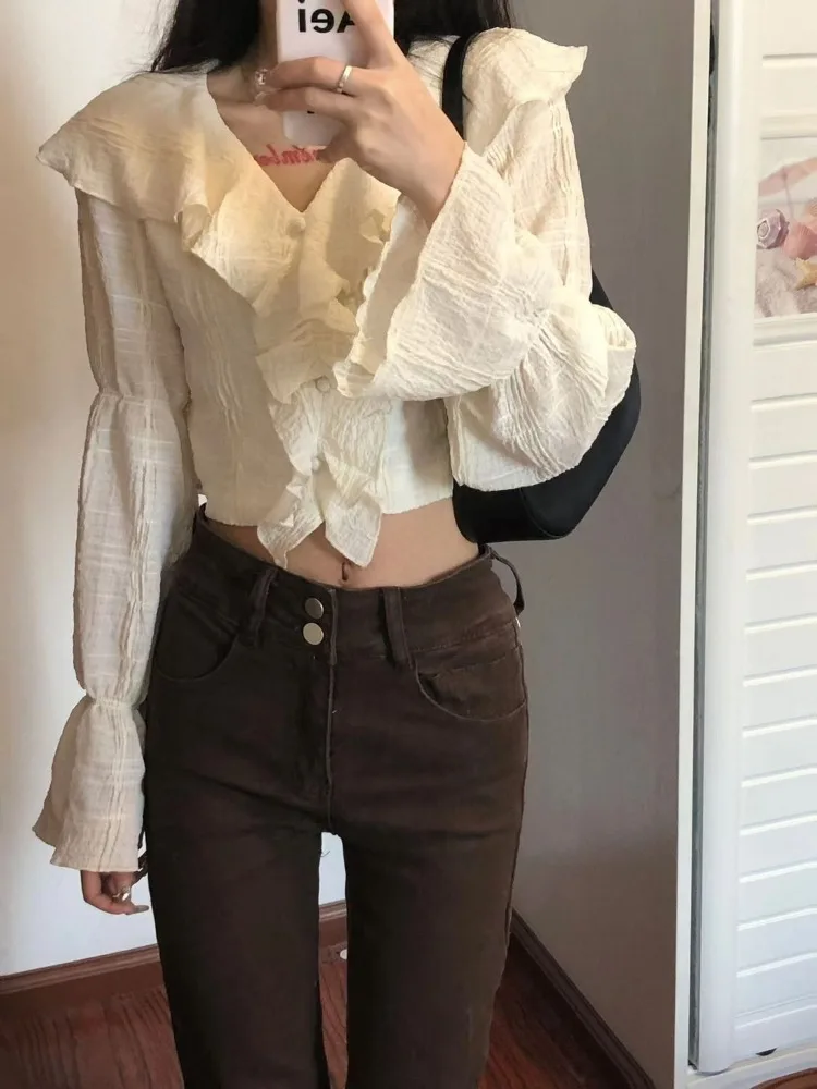 

Spicy Girls Ruffle Shirt French Retro Flared Sleeve Slim Fit Short Tops Mujer Pure Sweet All Match Blouse Women