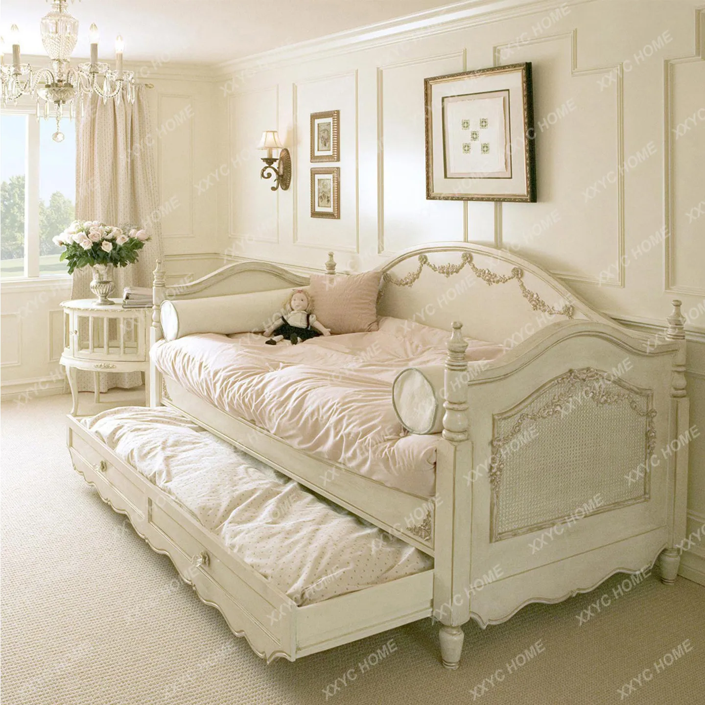 Sofa bed retro old carved multi-functional children's single bed boys and girls stretchable storage dual-purpose bed