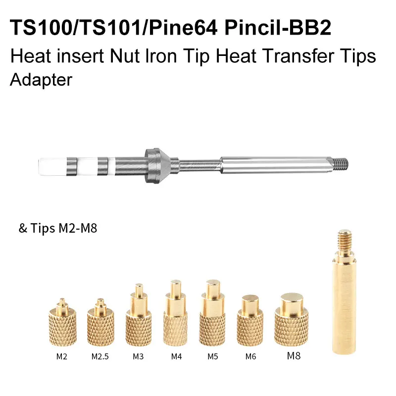 TS Heat Insert Nut Iron Tip 3D Implanted Hot Melt Brass Nut Pressure Head M2-M8 Brass kit for TS100 TS101 PINE64 Soldering Iron