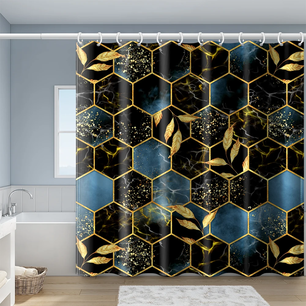 Brown Honeycomb Lattice Shower Curtain Waterproof Printed Bathroom Partition Decorative Curtain With Plastic Hook