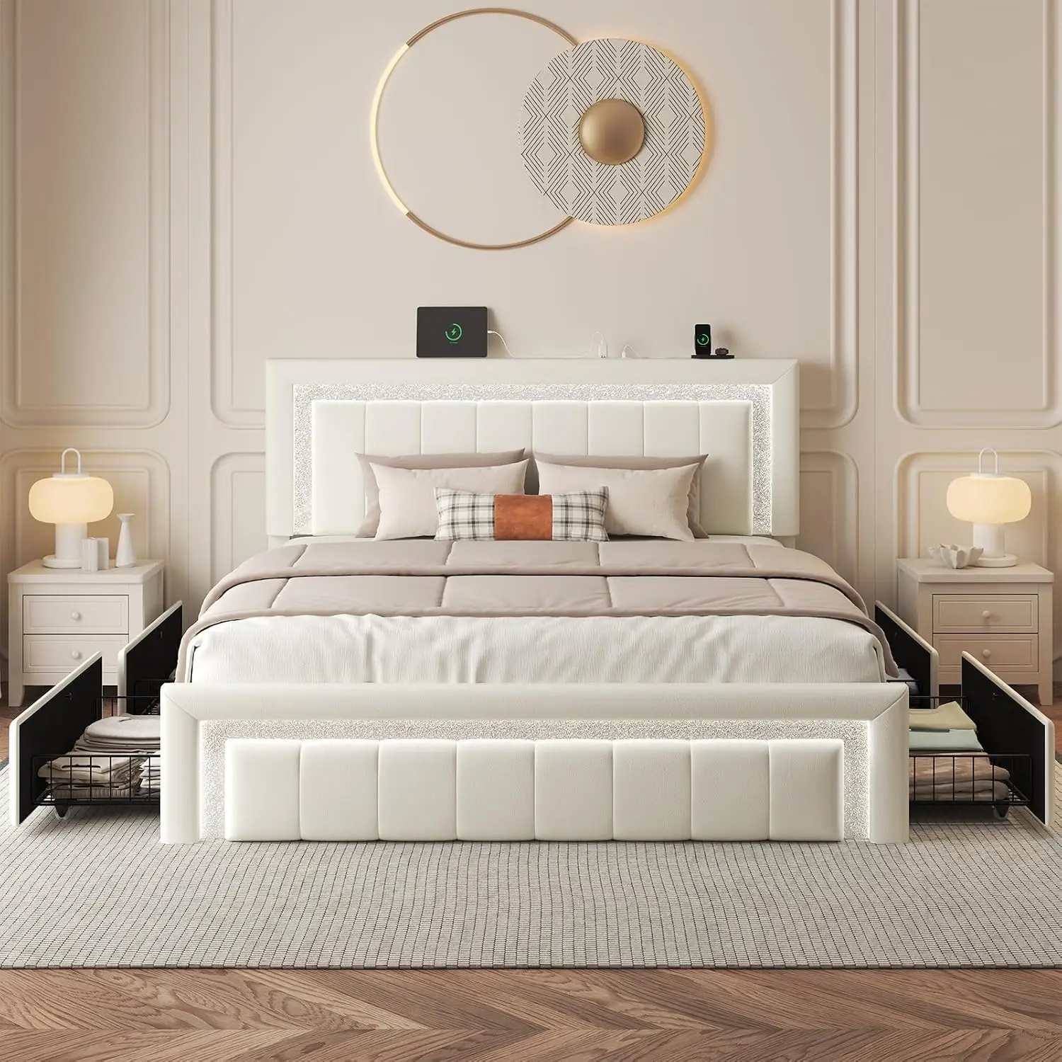 Queen Bed Frame with Charging Station, Storage Drawers, Upholstered White | Platform Bed with LED Lights, PU, Customized image 3