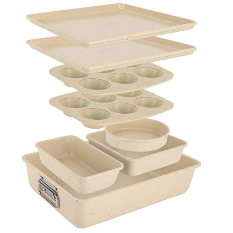 

8-Piece Stackable Bakeware Set Carbon Steel Non-Stick Baking Pan Set Includes Sheet Muffin Round Loaf Square Cake and Deep Pans