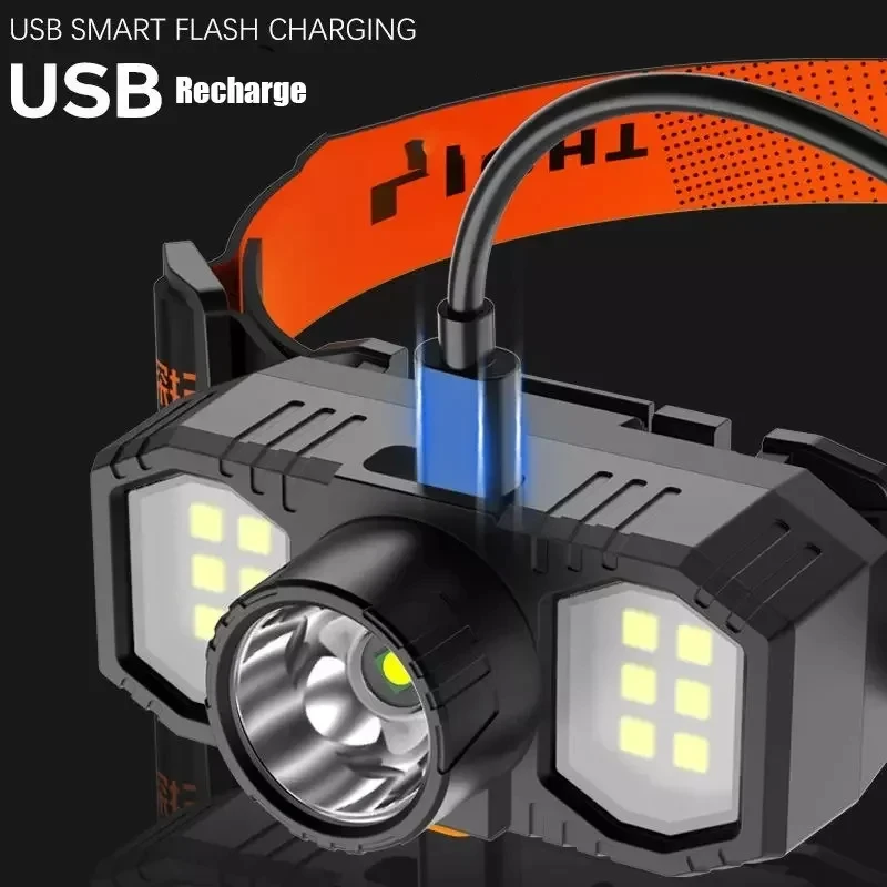 Linterna frontal LED Q5 + COB recargable por USB, minilinterna portátil con batería integrada de 18650, para acampar al aire libre