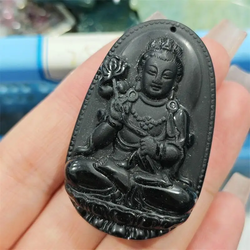 4.9CM Natural Black Obsidian Guanyin Carving Pendant Reiki Healing Fengshui Stone Crafts Home Decoration Holiday Gifts 1PCS