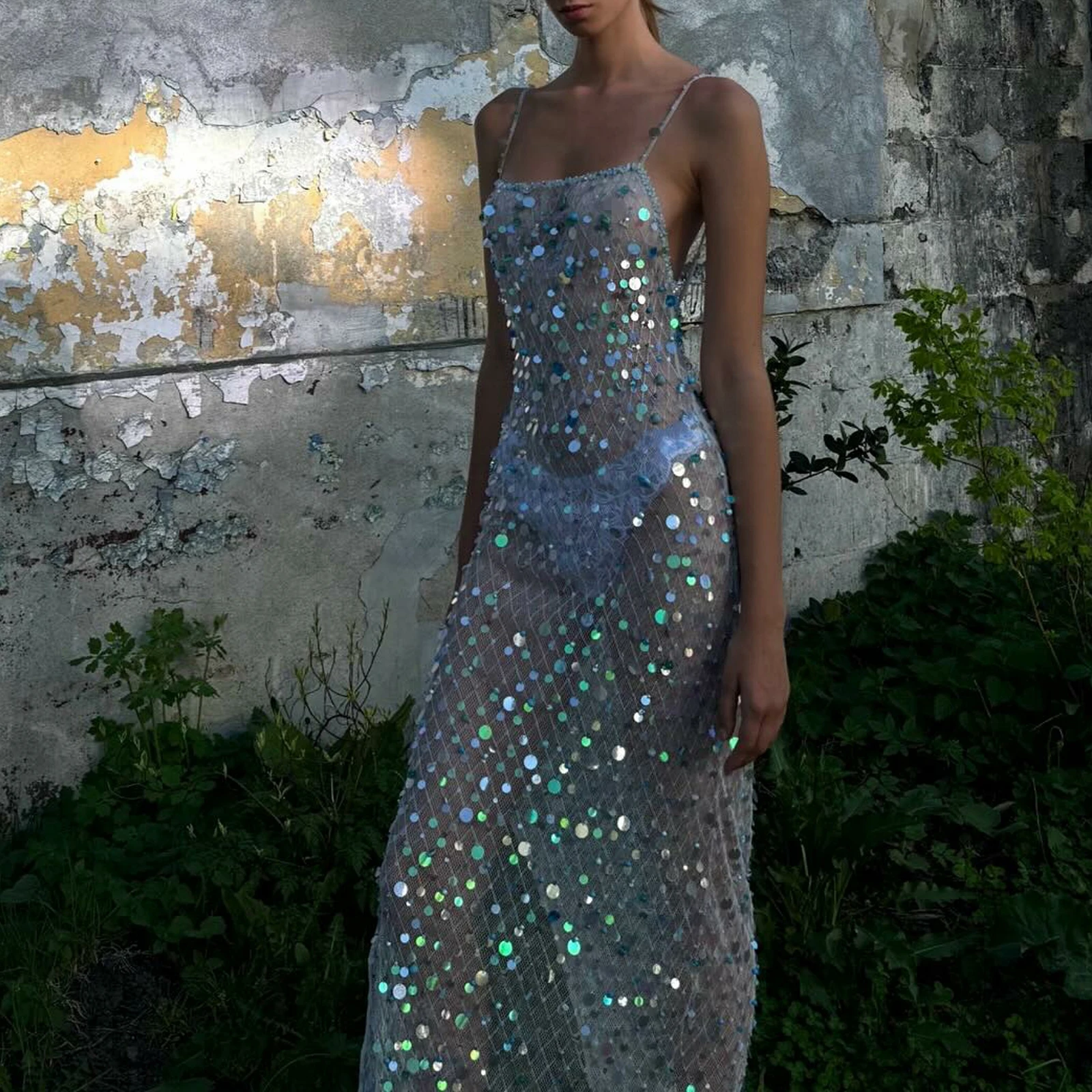 Combhasaki Women Summer Adjustable Spaghetti Straps Backless Shiny Sequins See-through Sheer Side Split Feather Trim Long Dress