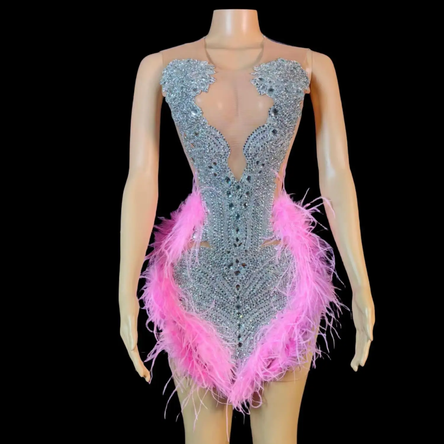 

Sexy Women Sheer Mesh Cocktail Birthday Party Gowns Luxury Rhinestone Pink Feather Diamond Black Girls Short Prom Dresses Yinbi