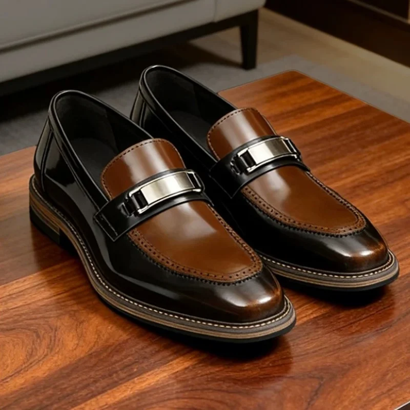 High-end Cowhide Leather Loafers Men Metal Buckle Shoes Square-toe Slip-on Business Formal Shoes Men Casual Dress Shoes