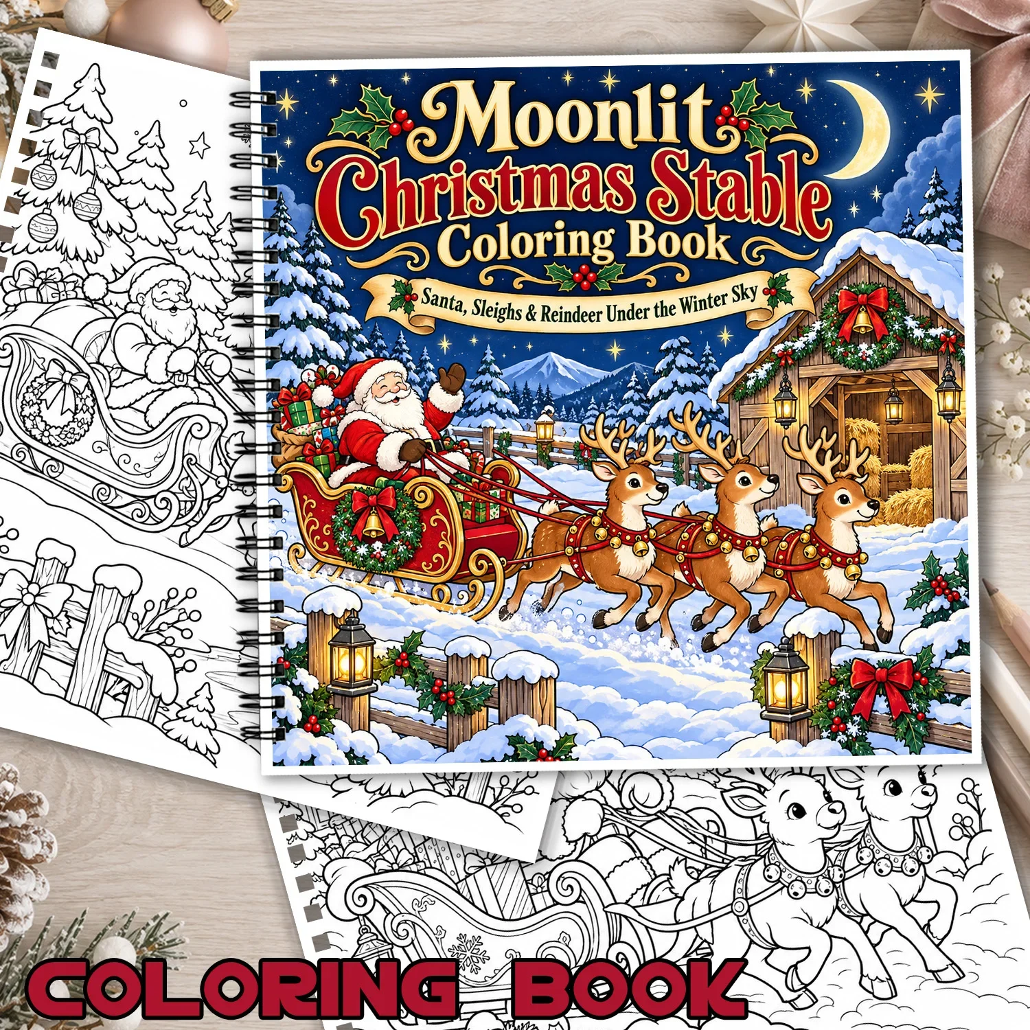 Moonlit Christmas Stable Theme Coloring Book 24Pages Showcasing Creativity & Relieving Stress Spiral Bound Santa Sleigh Art