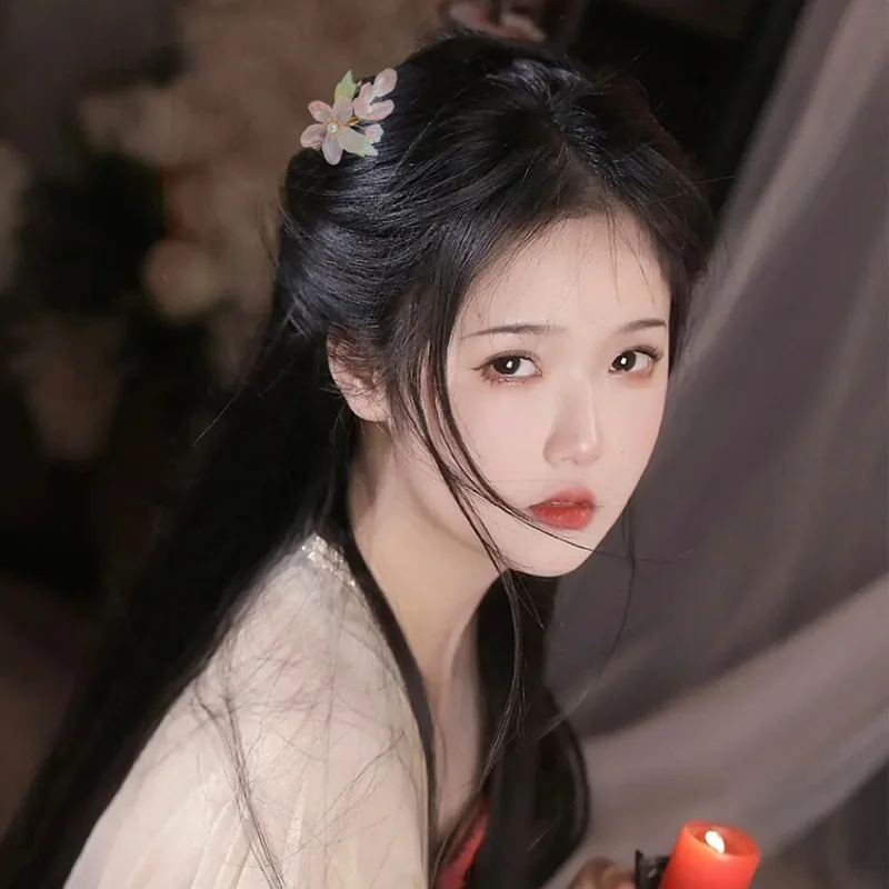 Antique Chinese Hanfu Hair Clips Glass Flowers Hairpin Girls Fairy Pearl Headdress Traditional Hanfu Headpiece Ancient Jewelry