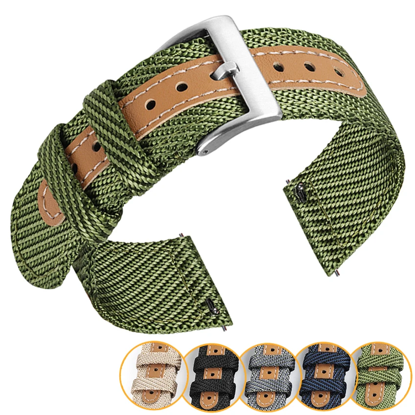 Weave Nylon Leather Strap Fabric Watch Replacement Army Green Khaki Watchband 18mm 20mm 22mm Quick Release Watch Band Wristbelts