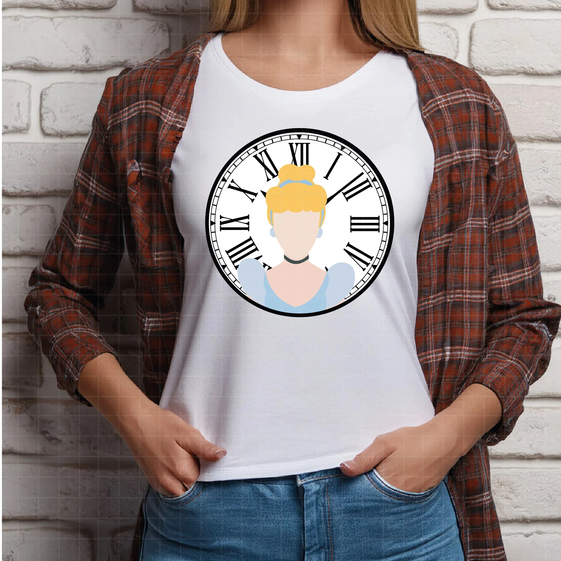 

Свободная посадка, высококачественная хлопковая футболка Disney Cinderella, часы с римскими цифрами, синее платье, светлые волосы, волшебный момент, повседневная