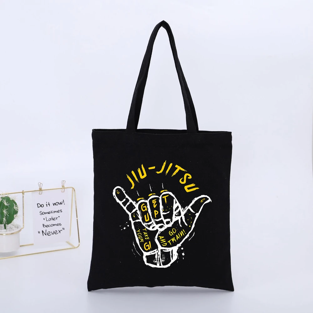 Black Canvas Tote Bag with Hand Gesture and Letter Print, Streetwear Style for Daily Shopping and Casual Outings
