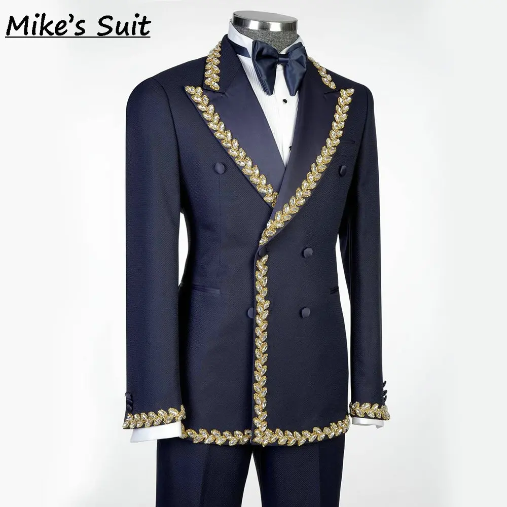 Dark Navy Formal Men Suits Gold Appliques Edge For Prom Wedding Groom Tuxedo 2 Pieces Man Suit Jacket And Pants Custom Made