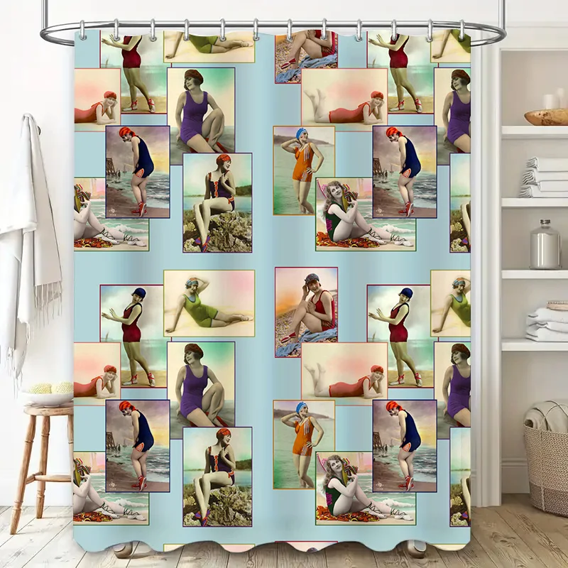 Women's Vintage Swimwear Shower Curtain with Bath Decor featuring stylish swimsuits from different eras perfect for adding a tou