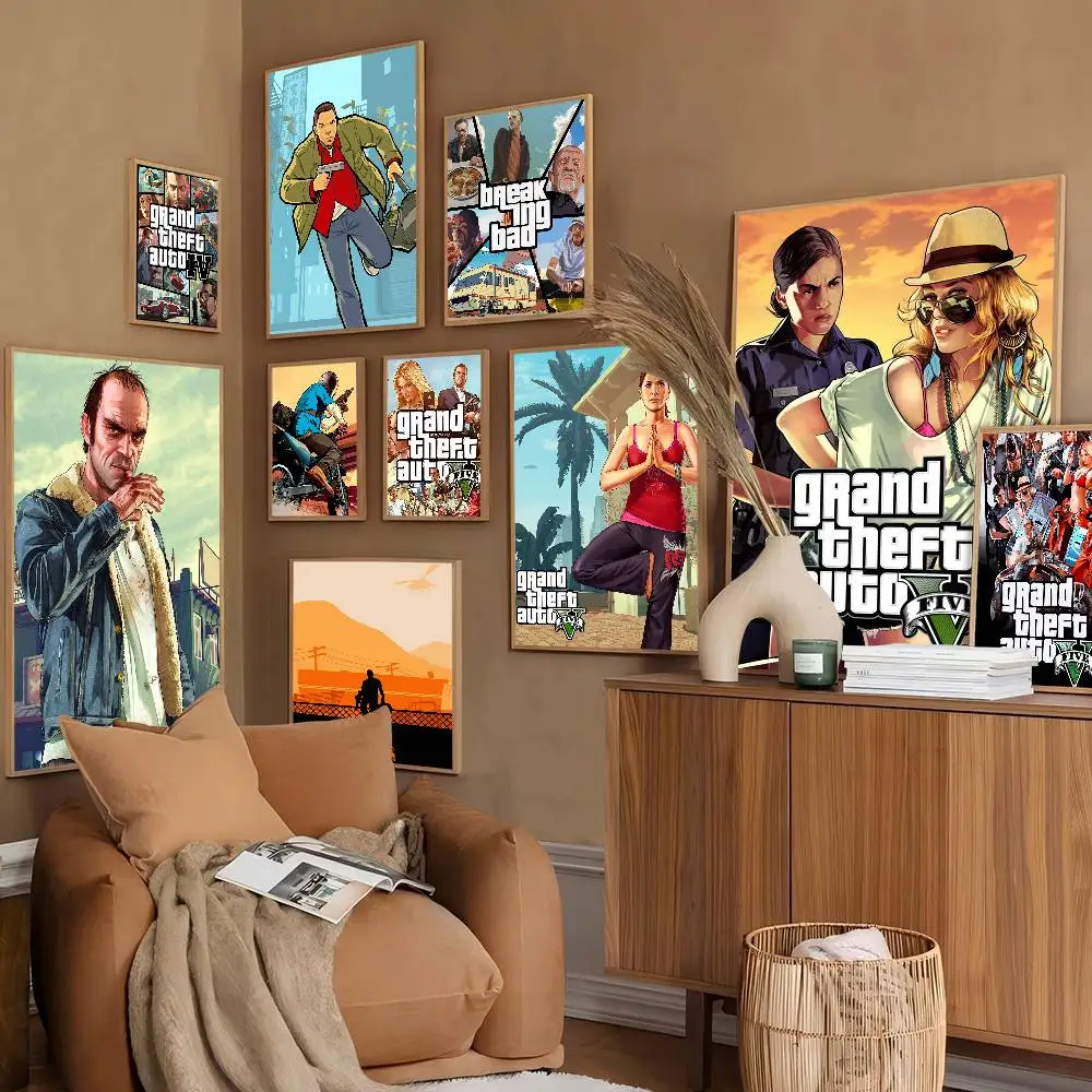 Impresiones y Pósters de Alta Calidad del Videojuego Grand Theft Auto GTA-V, Decoración Vintage para Habitación, Hogar, Bar, Cafetería, Arte Estético, Pintura Mural