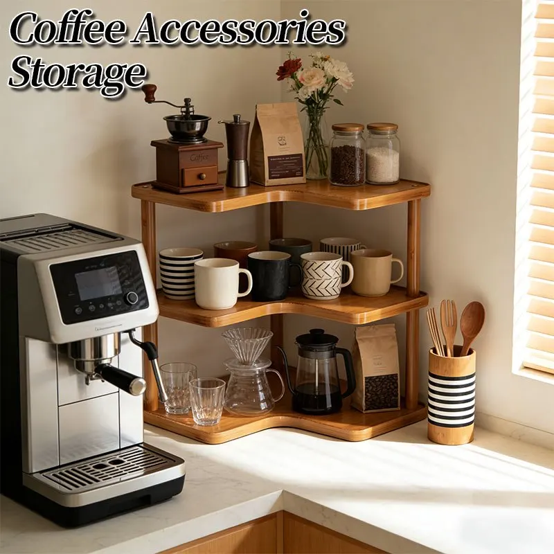 Three-tier medium-sized storage rack with a multi-layer design, efficiently storing coffee supplies, cups, kitchen clutter, etc., instantly transforming into a cozy coffee corner, converting into a storage and display area, corner shelving unit