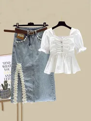 Summer White Two Piece Skirt Set For Women Square Neck Short Sleeve +High Waist Denim Split Skirt two-piece Jeans Skirt Set