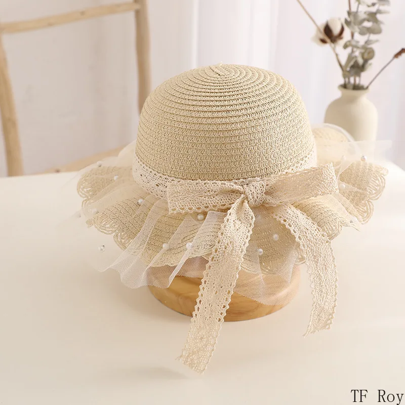 Kids Straw Hat Summer Fashion Lace Pearl Baby Girl Hat Bag Baby Travel Sun Protection Beach Hats Panama for 2-8 Years Kids