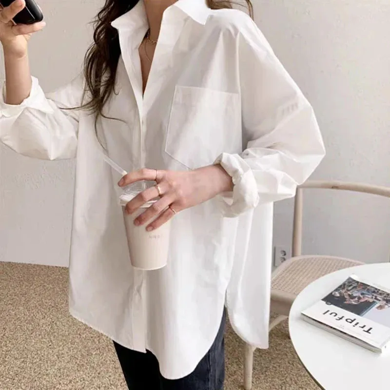 2024 Vintage White Women Shirt Loose Turn-down Collar Blouses Office Woman Autumn Female Tops Long Sleeve Casual Femme 11456