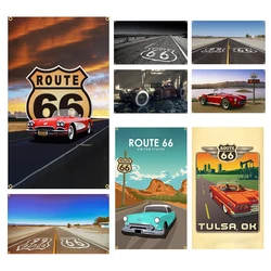 90X150cm Route 66 Poster Vintage Car Flag Polyester Printed Garage Decoration Banner Tapestry