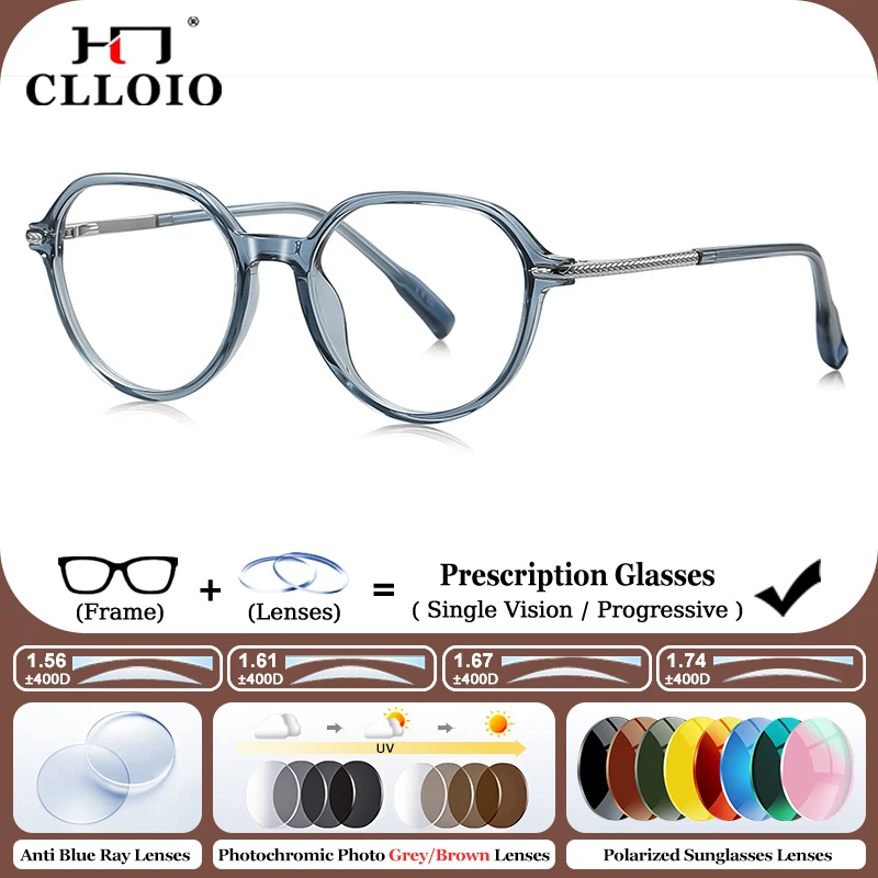 

CLLOIO New Simple Round Blue Light Blocking Prescription Glasses Outdoor Photochromic Myopia/Progressive Eyeglasses for Women
