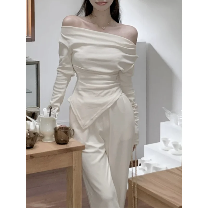 2023 Spring for Women Korean Style Irregular Off Shoulder T-shirt + Pants Suit 2 Pieces Sets Tight-fitting Retro Y2k Suit