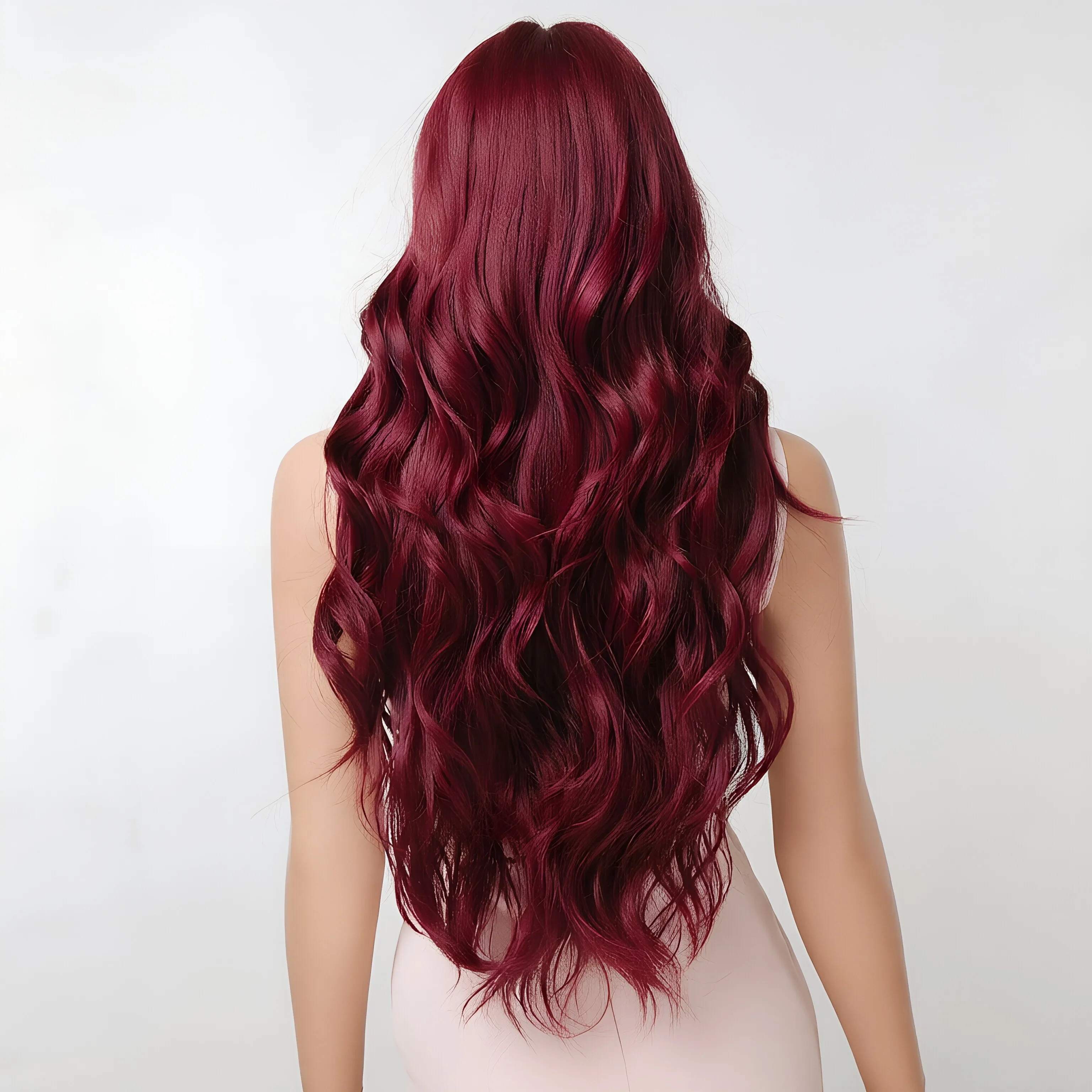 

European and American wig, wine red long curly hair, bangs, rose net temperament, internet celebrity wig, synthetic headband