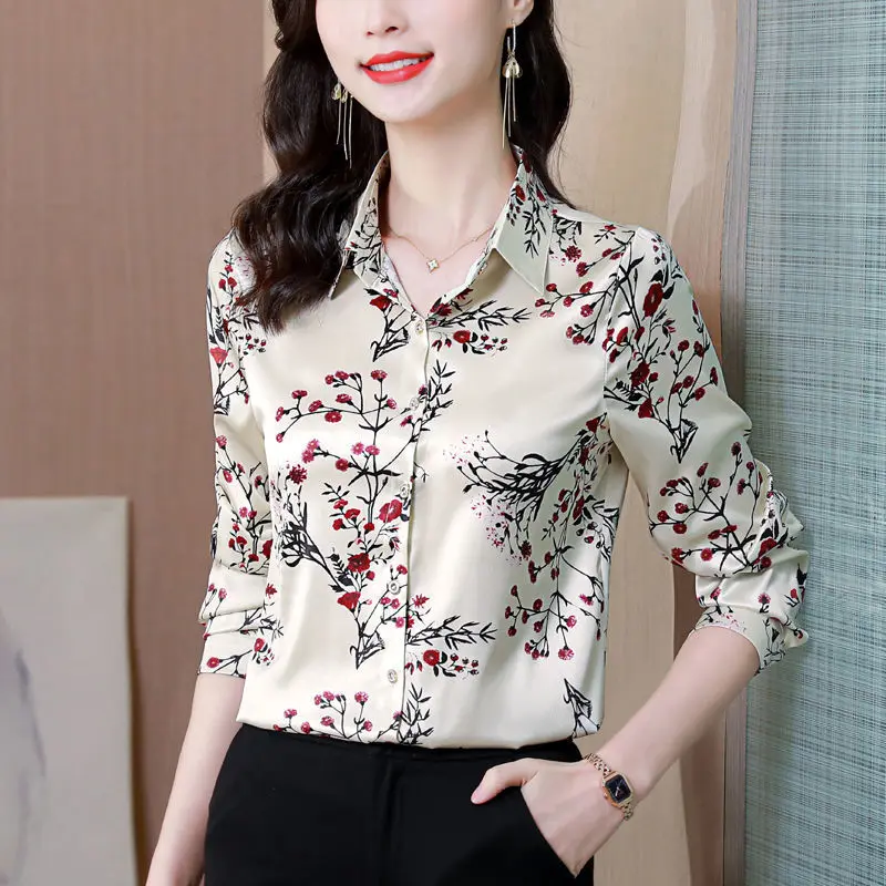 Luxury Elegant Women Satin Floral Shirts Spring Summer New Korean Fashion Female Clothing Long Sleeve Vintage Casual Blouse 2023