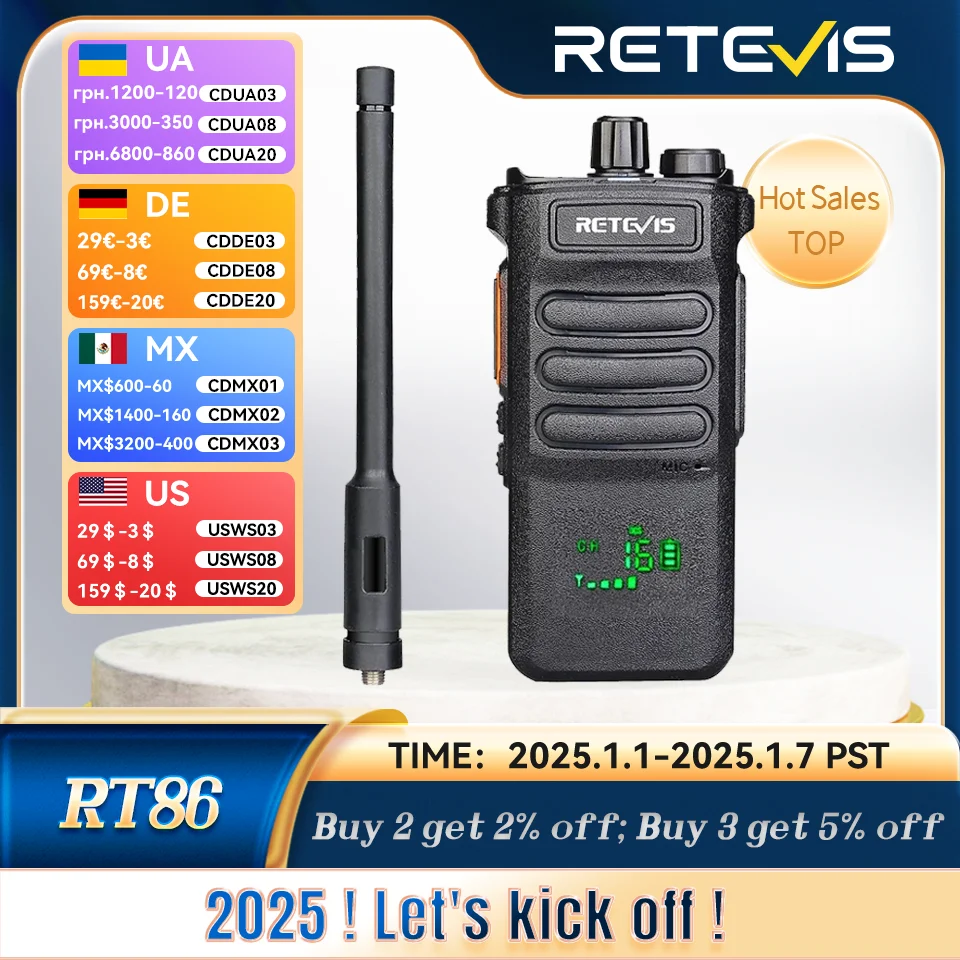 Retevis RT86 Walkie Talkie Largo Alcance Profesional Walkie Talkies 1 o 2 Pcs PTT Walkie Tolkie 1 o 2 Piezas Linternas De Alta Potencia Emisoras