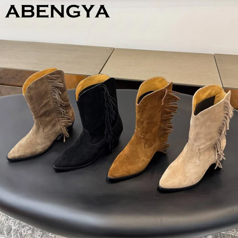 

2025 Autumn Suede Leather Tassels Ankle Boots For Women Pointed Toe Chunky Heels Chelsea Boots Fashion Cowboy Short Botas Mujer