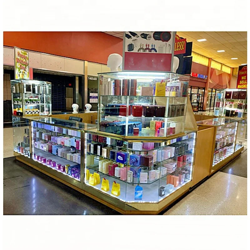 

Custom, Modern Shopping Mall Perfume Display Kiosk Glass Display Counter Showcase Mall Perfume Kiosk Design Booth
