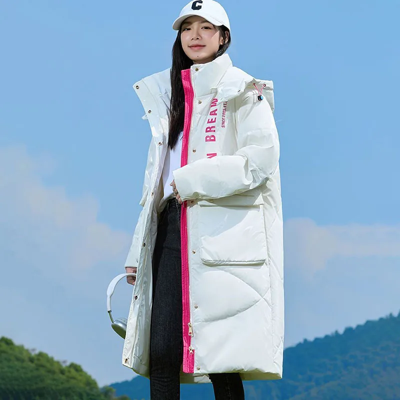 Bright Face Long Down Coat Women's Overcoat Winter New Thicke Warm Hooded Parka Contrast Color Prin Letter Cotton-Padded Jacket