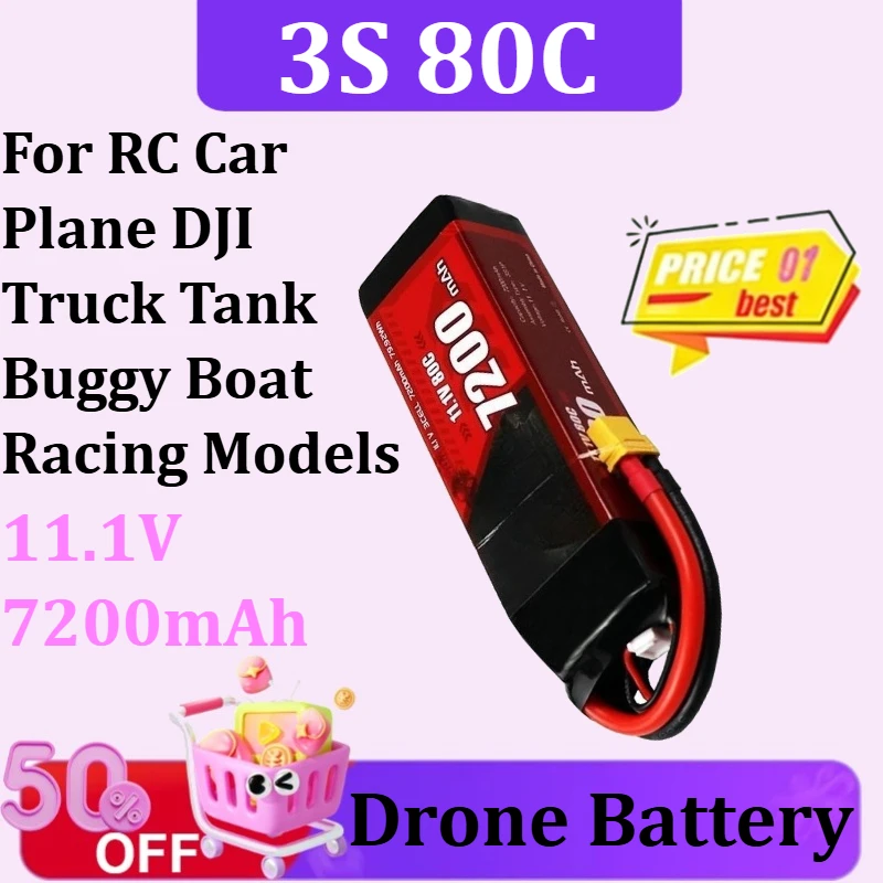 Lipo Battery 7200mah 11.1V 3S 80C High Magnification Toy Drone Battery for RC Car Plane DJI Truck Tank Buggy Boat Racing Models