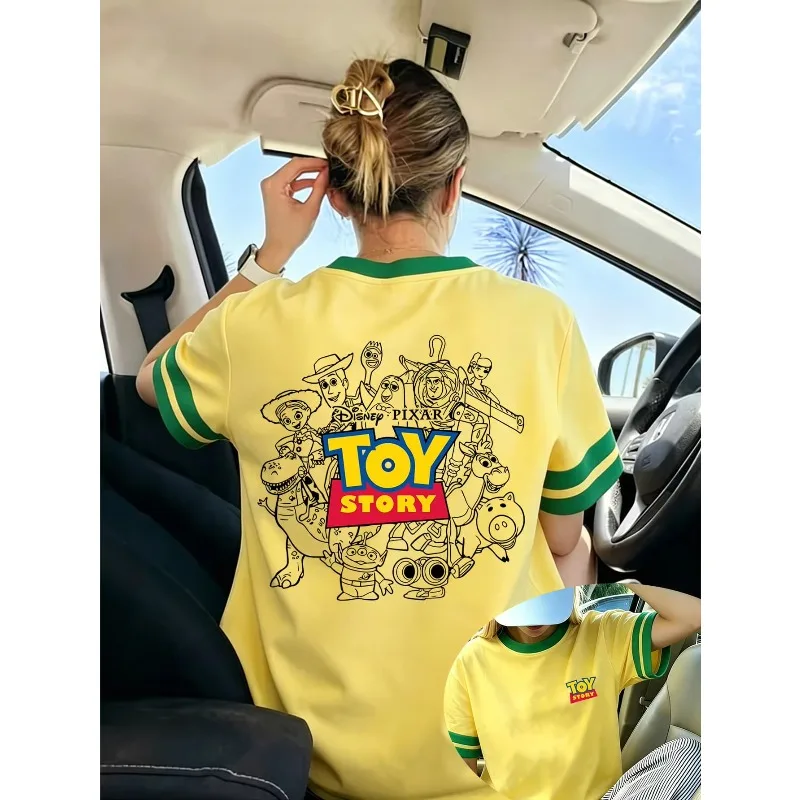 Ladies Toy Story T‑shirt Crew Neck Short‑Sleeve Top Logo Back Full Character Line Drawing Print Boys Girls Casual Street Tees